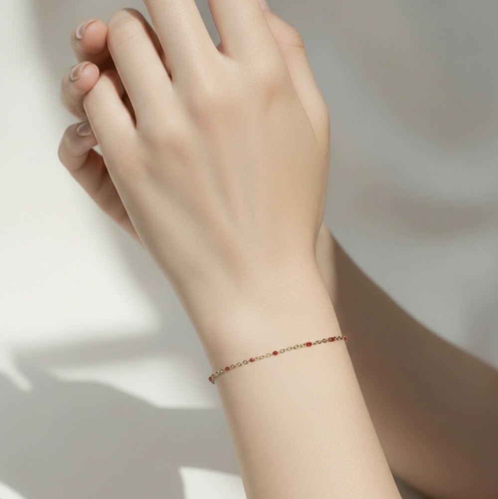 Delicate Gold Stainless Steel Chain Bracelet with Red Beads Accents Adjustable